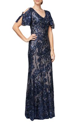 Alex Evenings Sequin Lace Cold Shoulder Trumpet Evening Gown in Navy/nude