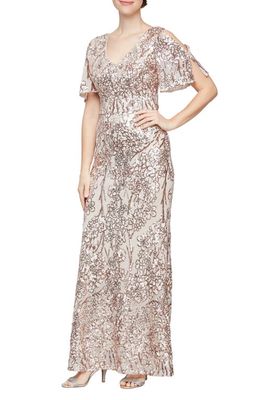 Alex Evenings Sequin Lace Cold Shoulder Trumpet Evening Gown in Sand