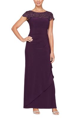 Alex Evenings Sequin Lace Detail Cap Sleeve Empire Waist Gown in Eggplant