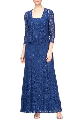 Alex Evenings Sequin Lace Gown & Chiffon Jacket in Royal
