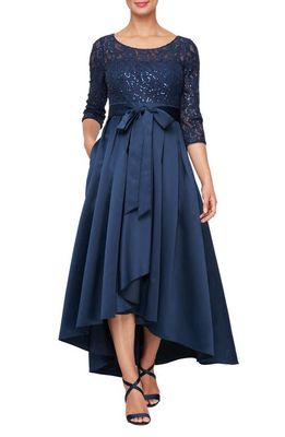 Alex Evenings Sequin Lace High-Low Cocktail Dress in Navy