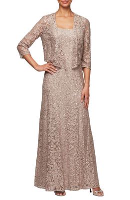 Alex Evenings Sequin Lace Jacket Formal Gown in Buff