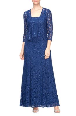 Alex Evenings Sequin Lace Jacket Formal Gown in Royal