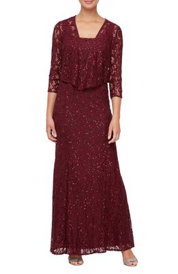 Alex Evenings Sequin Lace Jacket Formal Gown in Wine