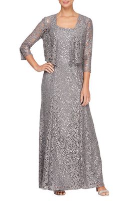Alex Evenings Sequin Lace Jacket Gown in Charcoal