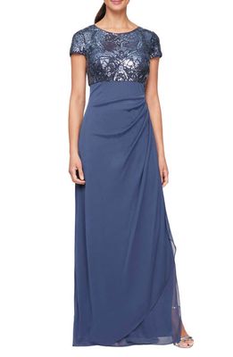 Alex Evenings Sequin Ruched Chiffon Column Gown in Wedgewood