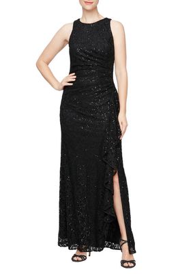 Alex Evenings Sequin Ruched Ruffle A-Line Dress in Black