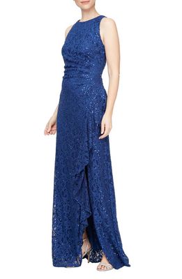 Alex Evenings Sequin Ruched Ruffle A-Line Dress in Royal