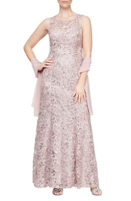 Alex Evenings Sequin Sleeveless Gown with Shawl in Blush