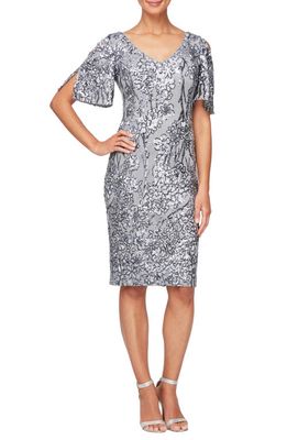 Alex Evenings Slit Sleeve Sequin Cocktail Sheath Dress in Silver
