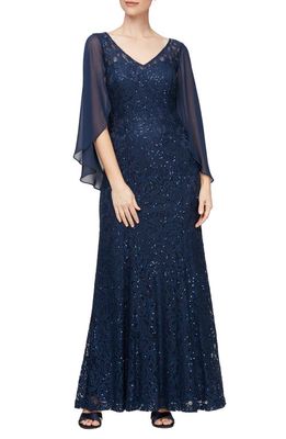 Alex Evenings V-Neck Sequin Lace Gown in Navy