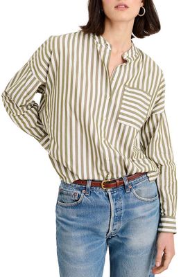 Alex Mill Mixed Stripe Band Collar Button-Up Shirt in Olive/White