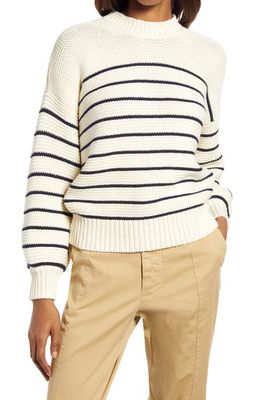 Alex Mill Women's Stripe Button Back Cotton Crewneck Sweater in Ivory/Dark Navy