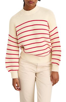 Alex Mill Women's Stripe Button Back Cotton Crewneck Sweater in Ivory/Red
