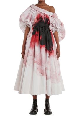 Alexander McQueen Anemone Print One Shoulder Faille Dress in Pink Mix