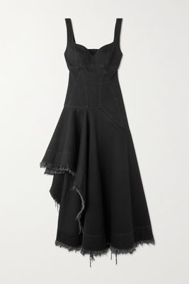 Alexander McQueen - Asymmetric Distressed Cotton-twill Midi Dress - Black