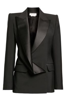 Alexander McQueen Asymmetric Drape Front Wool Tuxedo Jacket in 1000 Black
