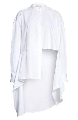 Alexander McQueen Asymmetric Drape Long Sleeve Cotton Poplin Button-Up Shirt in Opticalwhite