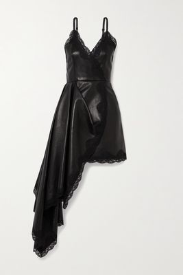Alexander McQueen - Asymmetric Draped Wrap-effect Lace-trimmed Leather Dress - Black