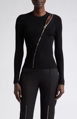 Alexander McQueen Asymmetric Slash Zipper Rib Sweater in 1038 Black/Silver