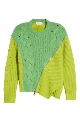 Alexander McQueen Asymmetric Zip Front Mixed Stitch Wool Sweater in Acid Green/Sage Green