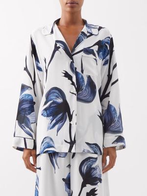 Alexander Mcqueen - Bell Flower-print Silk Shirt - Womens - Blue White