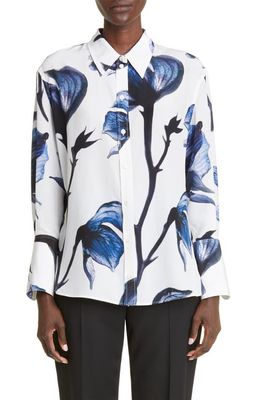 Alexander McQueen Bellflower Long Sleeve Silk Button-Up Shirt in Blue Mix