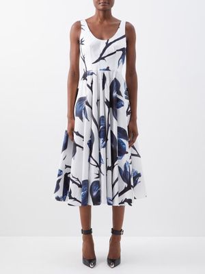 Alexander Mcqueen - Bellflower-print Cotton Midi Dress - Womens - Blue White