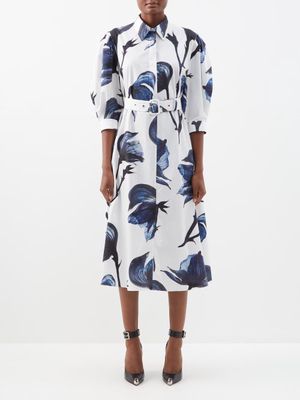 Alexander Mcqueen - Belted Floral-print Cotton-poplin Dress - Womens - Blue White