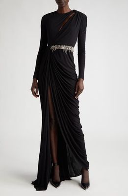 Alexander McQueen Belted Long Sleeve Ruched Jersey Column Gown in Black