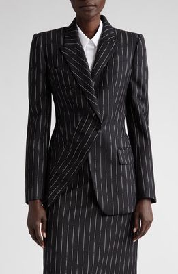 Alexander McQueen Broken Stripe Asymmetric Wool Blazer in 1080 Black/Ivory