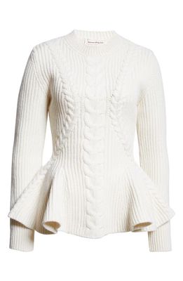 Alexander McQueen Cable Knit Wool & Cashmere Rib Peplum Sweater in Ivory