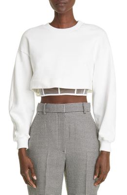 Alexander McQueen Crop Cotton Sweatshirt with Sheer Corset Inset in Ivory