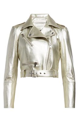 Alexander McQueen Crop Metallic Leather Moto Jacket in Champagne