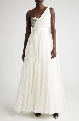 Alexander McQueen Crystal Embellished One-Shoulder Silk Chiffon Gown in 9027 Silk White