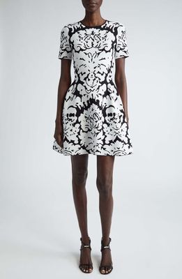 Alexander McQueen Damask Jacquard Knit Fit & Flare Dress in Black/White