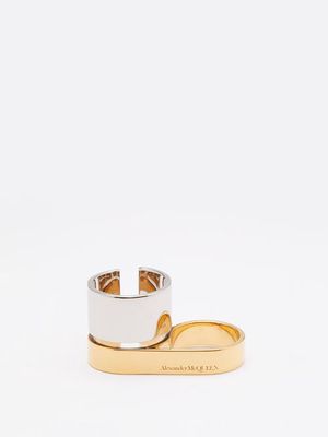 Alexander Mcqueen - Double Logo-engraved Antiqued-silver Ring - Womens - Gold/silver