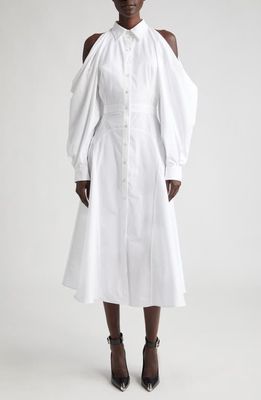 Alexander McQueen Drape Cold Shoulder Cotton Poplin Shirtdress in Optical White