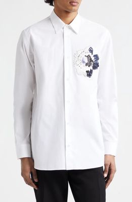 Alexander McQueen Dutch Flower Embroidered Cotton Poplin Button-Up Shirt in Opticalwhite