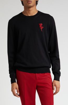 Alexander McQueen Embellished Crewneck Wool Sweater in Black/Red