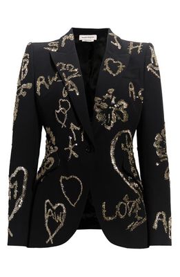 Alexander McQueen Embellished Single Breasted Crepe Blazer in Black