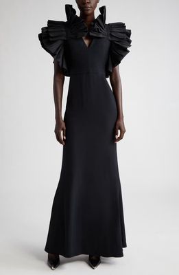 Alexander McQueen Exaggerated Ruffle Faille & Crepe Column Gown in 1000 Black