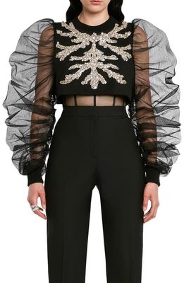 Alexander McQueen Exploded Sleeves Mycelium Embellished Hybrid Crop Sweatshirt in Black