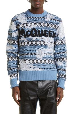 Alexander McQueen Fair Isle Graffiti Logo Wool Sweater in Egg Shell Blue/Black