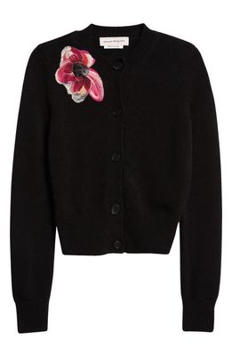 Alexander McQueen Floral Beaded Shrunken Wool & Cashmere Cardigan in 1084 Black/Pink