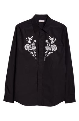 Alexander McQueen Floral Embroidered Cotton Button-Up Shirt in Black