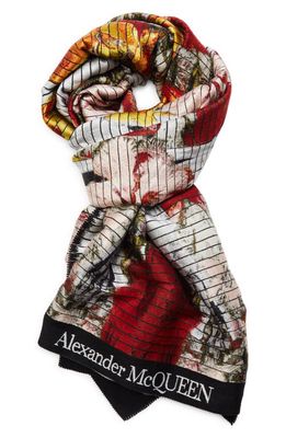 Alexander McQueen Floral Skeleton Wool & Silk Scarf in Ivory/Red