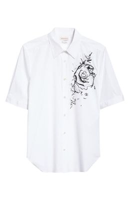 Alexander McQueen Floral Sketch Short Sleeve Stretch Cotton Button-Up Shirt in White /Black