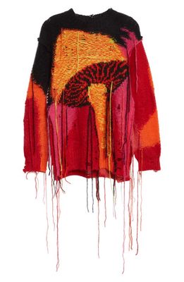 Alexander McQueen Forest Distressed Colorblock Intarsia Mohair & Wool Blend Sweater in Orange/Red/Black