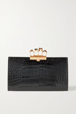 Alexander McQueen - Four Ring Embellished Croc-effect Leather Pouch - Black
